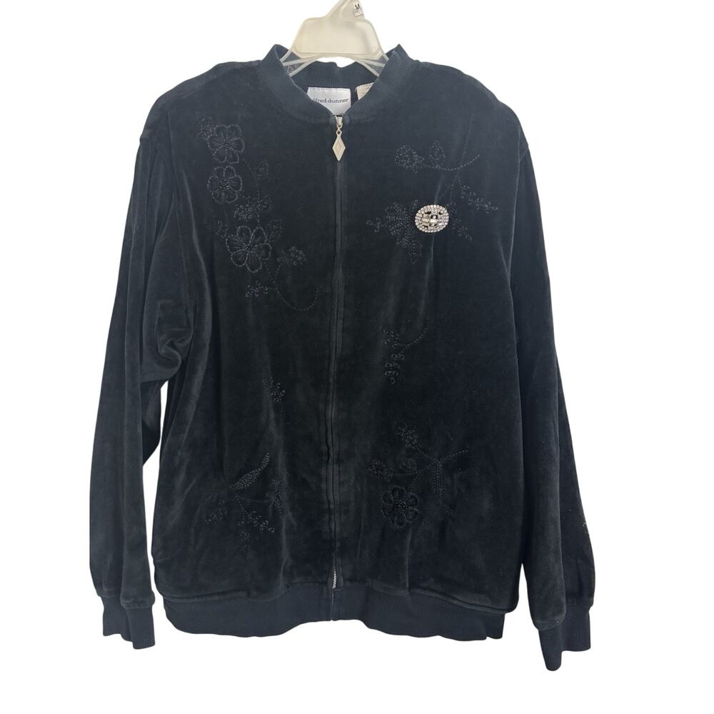 Vtg 90s Black Velvet Zip Up Jacket Size 10 Floral Embroidered Broach Grannycore